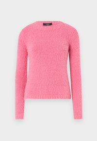 Długi rękaw sweter w intensywnym różowym kolorze, wykonany z miękkiego, teksturowanego materiału, z okrągłym dekoltem i dopasowanym krojem.