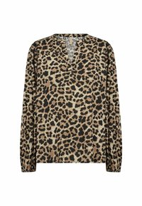 Blouse à manches longues imprimé léopard en beige et noir. Décolleté en V avec poignets froncés. Tissu lisse et léger.