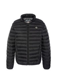 Czarna kurtka puchowa z poziomym pikowaniem, z zamkiem z przodu, stójką oraz naszywką z logo na lewej piersi. Lekki, gładki materiał.