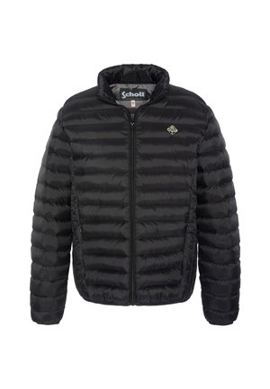 Chaqueta negra tipo plumón con diseño acolchado horizontal, cremallera frontal, cuello alto y parche con el logo en el lado izquierdo del pecho. Tejido ligero y suave.