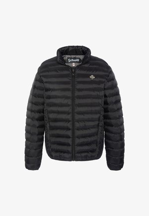 Chaqueta negra tipo plumón con diseño acolchado horizontal, cremallera frontal, cuello alto y parche con el logo en el lado izquierdo del pecho. Tejido ligero y suave.