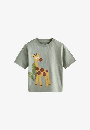Lichtgroen kinder-T-shirt met een cartoon gele giraf en groene bladeren geborduurd aan de voorkant.