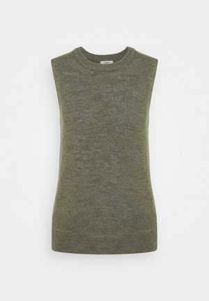 Ärmelloser olivgrüner Pullover aus weichem Stoff, mit rundem Ausschnitt und engem Saum. Glatte Textur ohne Muster.