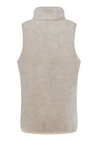 Beige ärmellose Fleece-Weste mit hohem Kragen, weicher Textur, glatter Oberfläche und kontrastierendem Saumdetail. Keine Taschen oder Verschlüsse sichtbar.