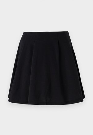 Black cotton skirt with a flared silhouette, featuring pleats along the waist area and a smooth texture. Suitable for casual wear.
