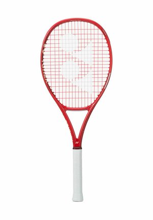 Racchetta da squash rossa con impugnatura bianca e logo geometrico bianco sulle corde, visualizzata verticalmente su sfondo bianco.