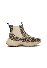 Bottes chevilles imprimé léopard, tige en tissu souple avec accents beiges, panneaux latéraux élastiques et semelle épaisse beige. Design à bout arrondi.
