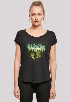 Black short-sleeve t-shirt with a round neckline featuring a green graphic design resembling trees. Soft fabric with a relaxed fit.