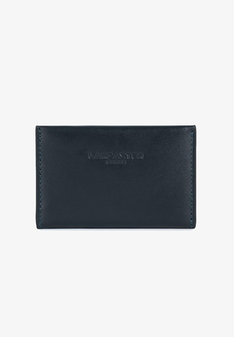 Porte-cartes en cuir bleu foncé avec surpiqûres apparentes et logo "LANCASTER PARIS" embossé centré sur le devant.