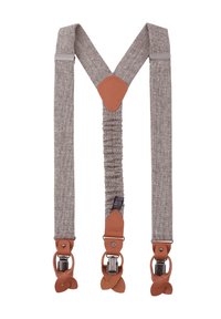 GRAU strukturiertes Stoff-Hosenhalter mit braunen Lederakzenten und metallenen Clips. Verfügt über eine geraffte Mitte für Flexibilität und Anpassungsfähigkeit.