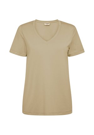 Beež värvi naiste lühikeste varrukatega V-kaelusega T-särk, millel on lihtne disain ja klassikaline lõige.