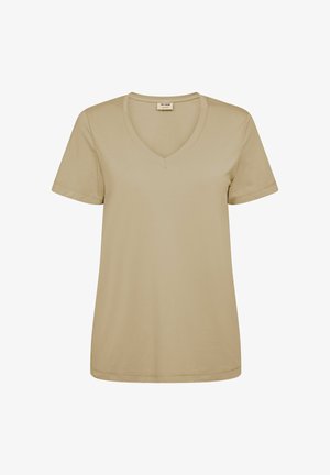 Beež värvi naiste lühikeste varrukatega V-kaelusega T-särk, millel on lihtne disain ja klassikaline lõige.