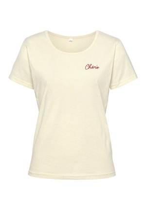 Cremefarbenes Baumwoll-T-Shirt mit kurzen Ärmeln, rundem Ausschnitt und rot gesticktem "Chérie" auf der linken Seite. Weicher Stoff, lässiges Design.