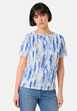 Kurzärmeliges Oberteil aus leichtem Stoff mit einem abstrakten Muster in Blau und Beige. Rundhalsausschnitt mit lockerem Schnitt und glatter Textur.