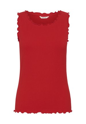 Top roșu fără mâneci cu dungi și margini cu volane la decolteu, la axile și la tiv.