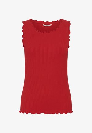 Rotes, geripptes ärmelloses Oberteil mit gerafften Kanten am Ausschnitt, an den Armlöchern und am Saum.