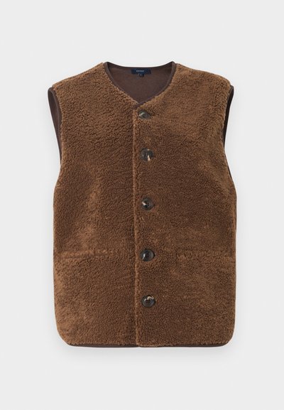 Καφέ γιλέκο από φλις με V-λαιμόκοψη, κούμπωμα με κουμπιά μπροστά και δύο πλαϊνές τσέπες. Η υφή είναι απαλή και αφράτη, σε αντίθεση με την ομαλή εσωτερική επένδυση.