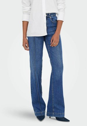 High-waisted flare jeans in donker denim met contrasterende stiksels, met een klassiek vijf-pocket ontwerp en een gladde textuur.