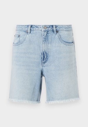 Light blue denim shorts with a frayed hem, classic five-pocket design, and a front button closure. Fabric appears soft with a slight texture.