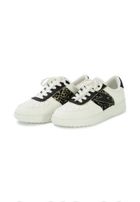 White sneakers with black accents and textured black panel featuring a leopard print. Features include laces and perforated toe design.