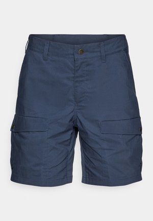 Navy blue cargo shorts made of lightweight fabric featuring two side pockets, a button closure, and a relaxed fit.