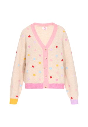 Beiger Cardigan mit mehrfarbigen Herzmustern, pinkem Besatz und fünf Knöpfen. Weicher Stoff mit gerippten Bündchen in Gelb und Flieder.