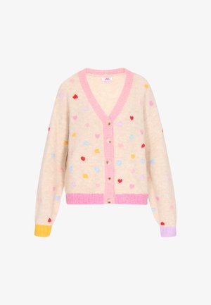 Bež kardigan mitmevärviliste südame mustritega, roosa äärisega ja viie nupuga. Pehme tekstuur ribidega mansettidega, kollase ja lilla värviga.