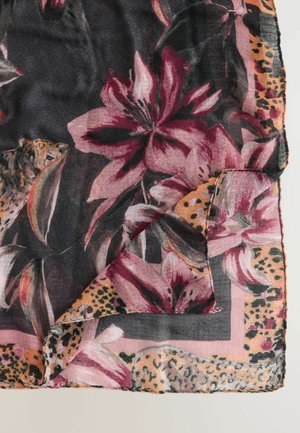 Floral scarf featuring black and pink lilies on a dark background, with leopard print accents and a lightweight, textured fabric.