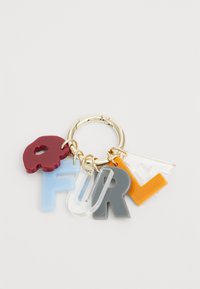 Key ring featuring colorful acrylic letters in red, blue, gray, clear, and orange, attached to a gold-tone metal ring.