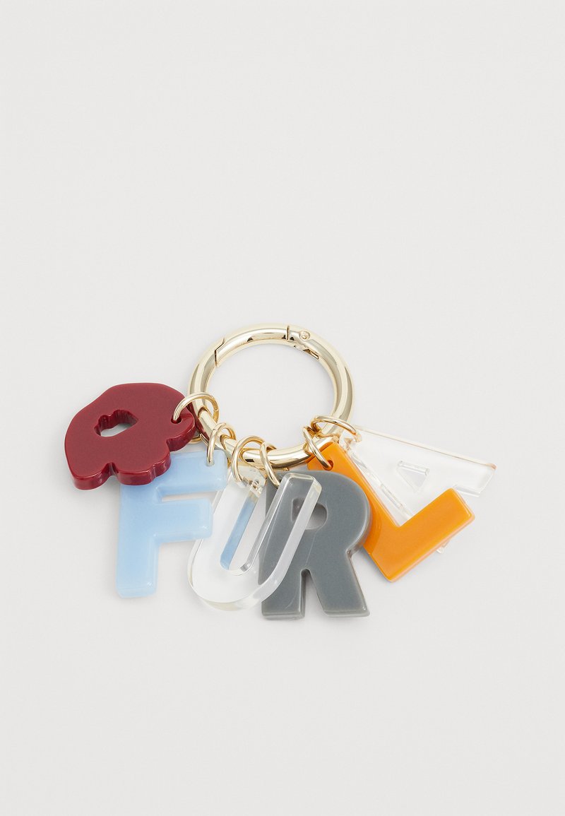 Key ring featuring colorful acrylic letters in red, blue, gray, clear, and orange, attached to a gold-tone metal ring.