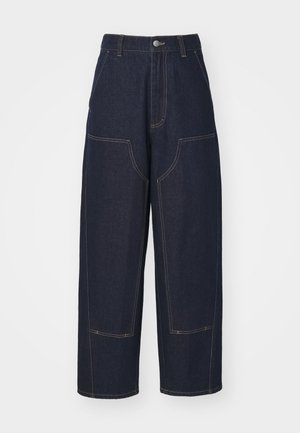 Dark blue denim wide-leg trousers with visible stitching details, two front pockets, and a waistband with a metal button closure.