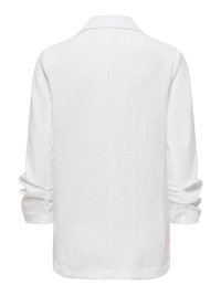 Chemise blanche à manches longues avec col, vue de dos, présentant un tissu légèrement froissé et des manches retroussées jusqu'aux avant-bras.