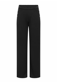 Mustad laia säärega püksid sileda tekstuuriga, millel on kõrge vöökoht ja dekoratiivsed nupud külje peal lisandva detailina.