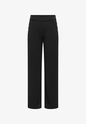 Sorte vidde bukser med glat tekstur, der har en høj talje og dekorative knapper langs siden for ekstra detalje.