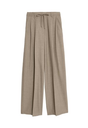 Pantaloni beige a vita alta con una vestibilità rilassata, caratterizzati da pieghe e una vita con cordoncino. Il materiale sembra testurizzato e leggero.