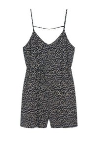 Jumpsuit floreale blu navy con spalline sottili, scollatura a V e vita con coulisse. Presenta un piccolo motivo floreale bianco e rosa. Lunghezza pantaloni corti.