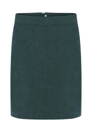 Tamno tirkizna suknja od mekanog, teksturiranog materijala. Ima ravni kroj i pojas s jednim dugmetom na zatvaranju na stražnjoj strani.