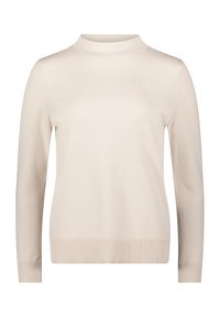 Beige langwerpige trui met ribgebreide opstaande kraag, manchetten en zoom, met een gladde gebreide textuur en een ontspannen pasvorm.