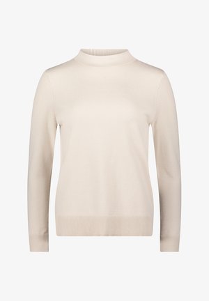 Beige langwerpige trui met ribgebreide opstaande kraag, manchetten en zoom, met een gladde gebreide textuur en een ontspannen pasvorm.