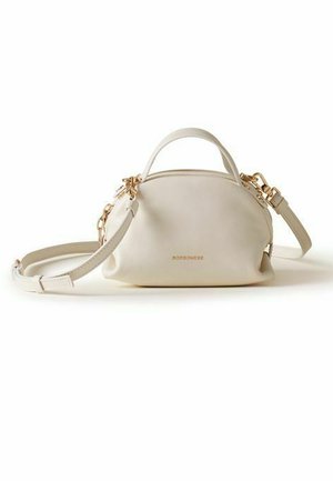 Petit sac à main en cuir crème avec poignée supérieure et bandoulière réglable, ferrures dorées et logo « MORRISONBEE » à l'avant.