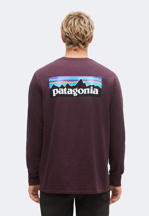 Blonde Person trägt ein kastanienbraunes Langarmshirt mit einem bunten Patagonia-Logo und Bergmotiv auf dem oberen Rücken.