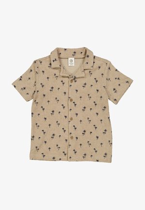 Beige overhemd met korte mouwen en een palmbomenpatroon in marineblauw. Het heeft een kraag en houten knopen aan de voorkant.