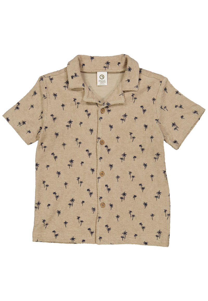 Lyhythihainen vaaleanruskea nappipaita, jossa on tummansinihisiä palmupuukuvioita. Paidassa on kaulus ja puunapit edessä.