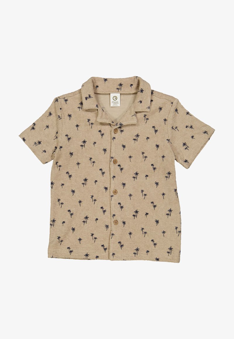 Lyhythihainen vaaleanruskea nappipaita, jossa on tummansinihisiä palmupuukuvioita. Paidassa on kaulus ja puunapit edessä.