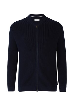 Marineblauer gerippter Strick-Cardigan mit Reißverschluss, langen Ärmeln und rundem Kragen, mit einem kleinen weißen Innenetikett.