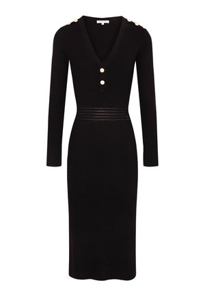 Vestido negro de punto acanalado con mangas largas, escote en V, tres botones decorativos en el hombro, cintura ajustada y dobladillo a la altura de la rodilla.
