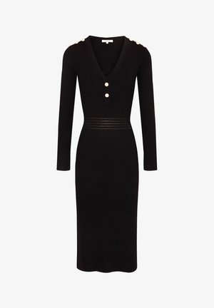 Vestido negro de punto acanalado con mangas largas, escote en V, tres botones decorativos en el hombro, cintura ajustada y dobladillo a la altura de la rodilla.