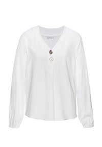 Weiße Bluse mit langen Ärmeln und V-Ausschnitt, ausgestattet mit drei dekorativen Knöpfen vorne, weichem Stoff und elastischen Bündchen für eine anliegende Passform.