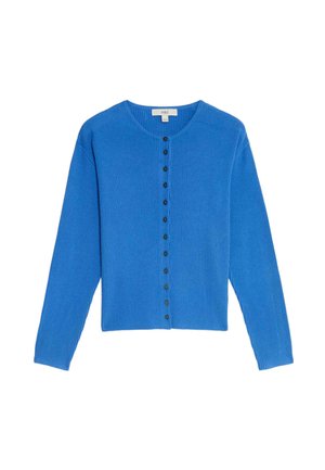 Niebieski kardigan z prążkowanej dzianiny, z długimi rękawami i okrągłym dekoltem, zapinany na cały przedni rząd czarnych guzików.