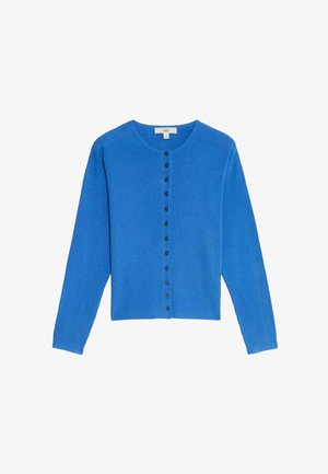 Cardigan bleu côtelé à manches longues et encolure ronde, doté d'une rangée complète de boutons noirs sur le devant pour la fermeture.